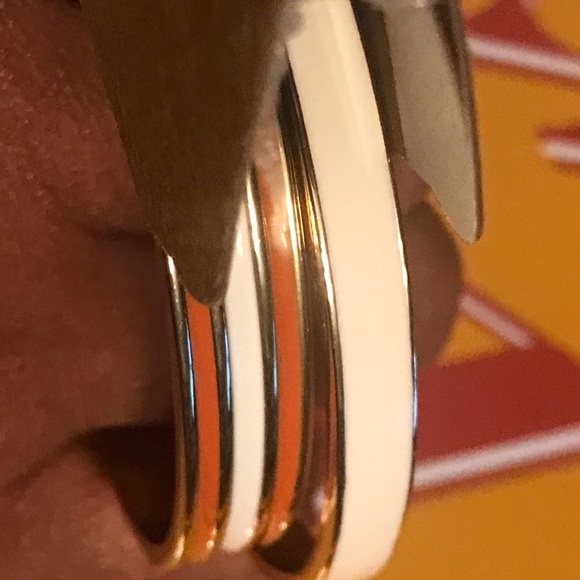 New 1st & Gorgeous By Carolee Burnt Orange & Ivory Gold Tone Bangle Bracelet Set - Picture 5 of 14